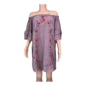 Umgee Women Dusty Pink Embroidered Mini Dress SZ XL -Off Shoulder-Ruffles Sleeve